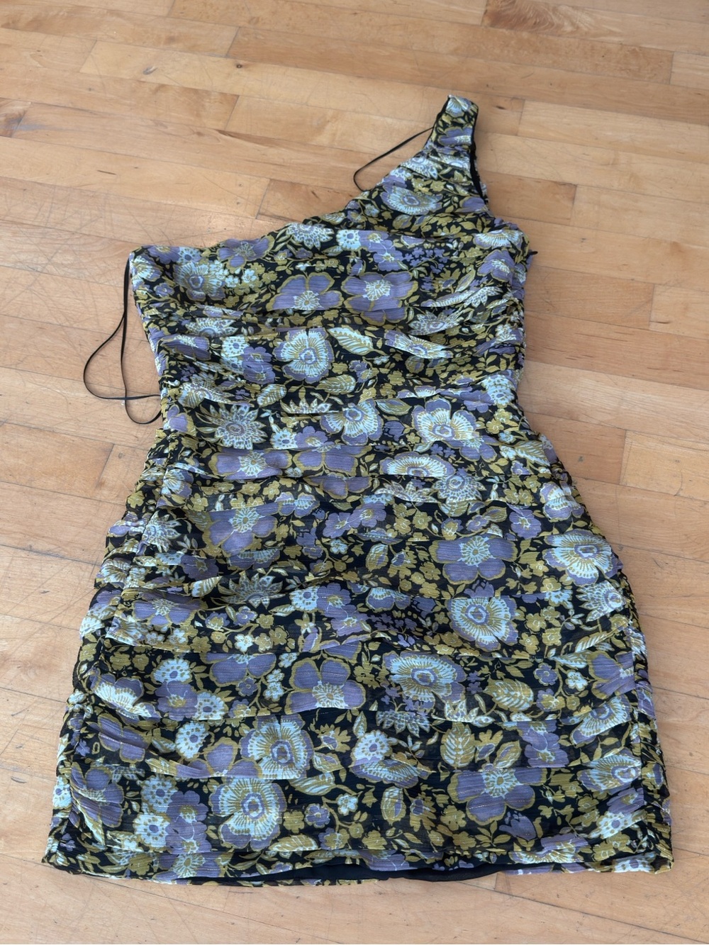 Zara One-Shoulder Floral Bodycon Dress in Black, Lavender and Gold